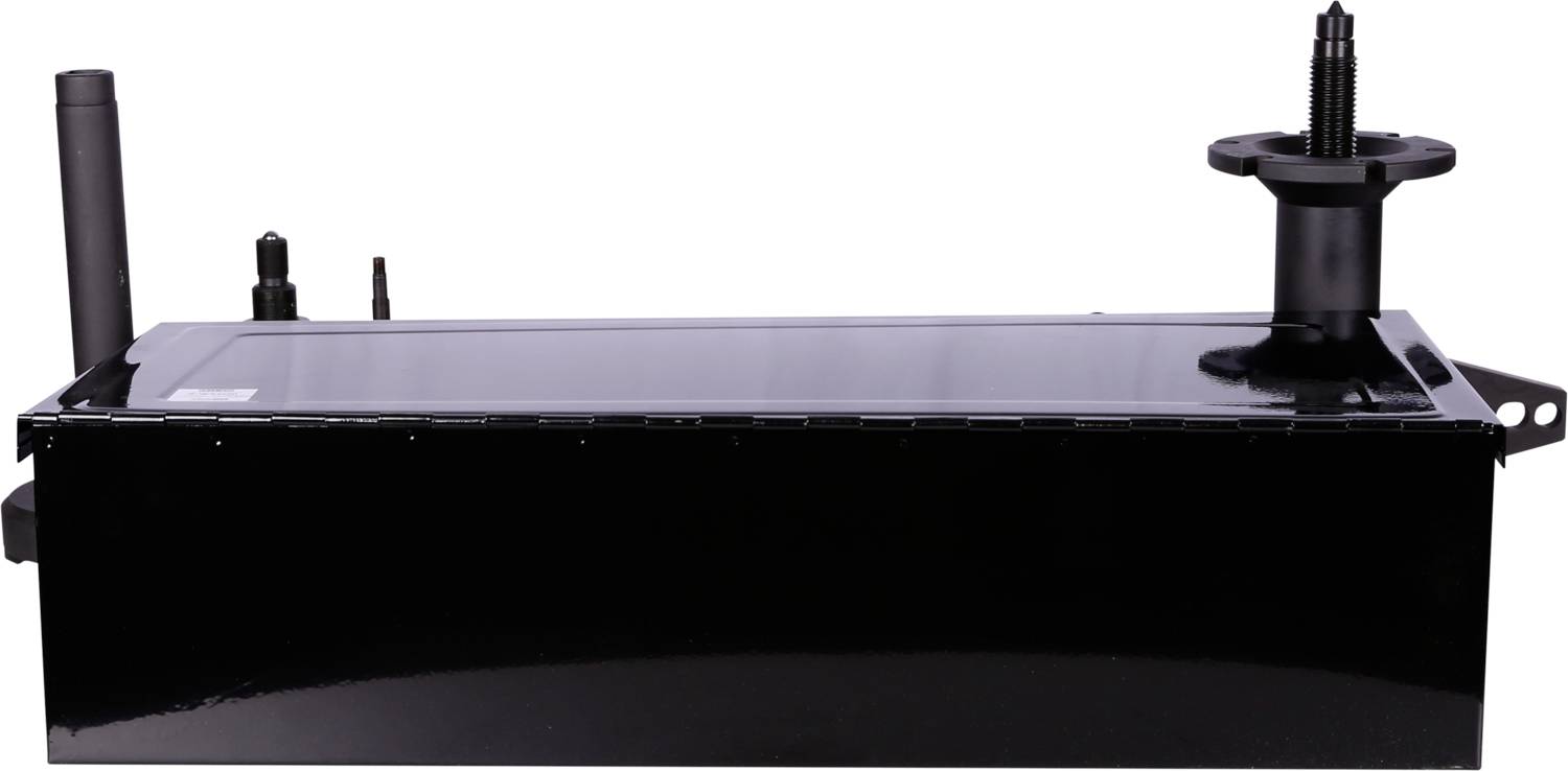 Black rectangular metal component with multiple connections and a cylindrical handle on top; possibly a technical device.