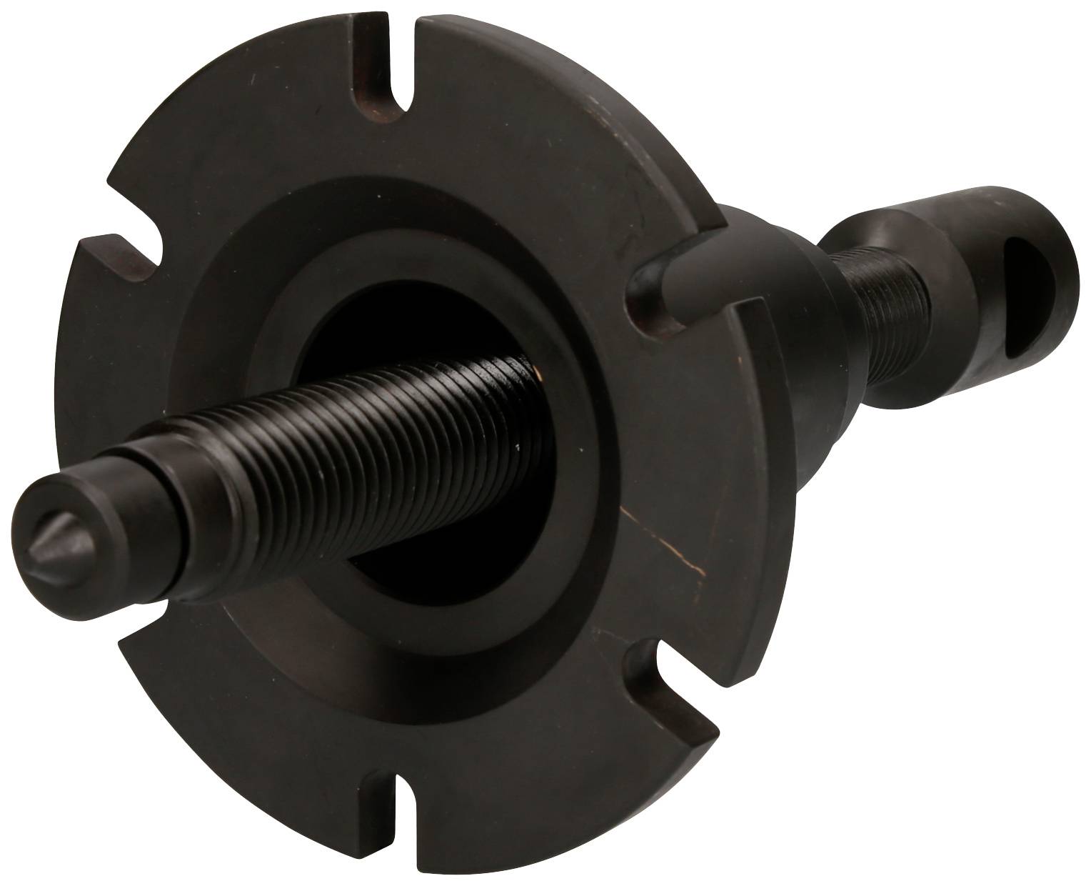 Black mechanical puller: A tool for removing tightly fitted parts, consisting of a central threaded bolt and wing handle.