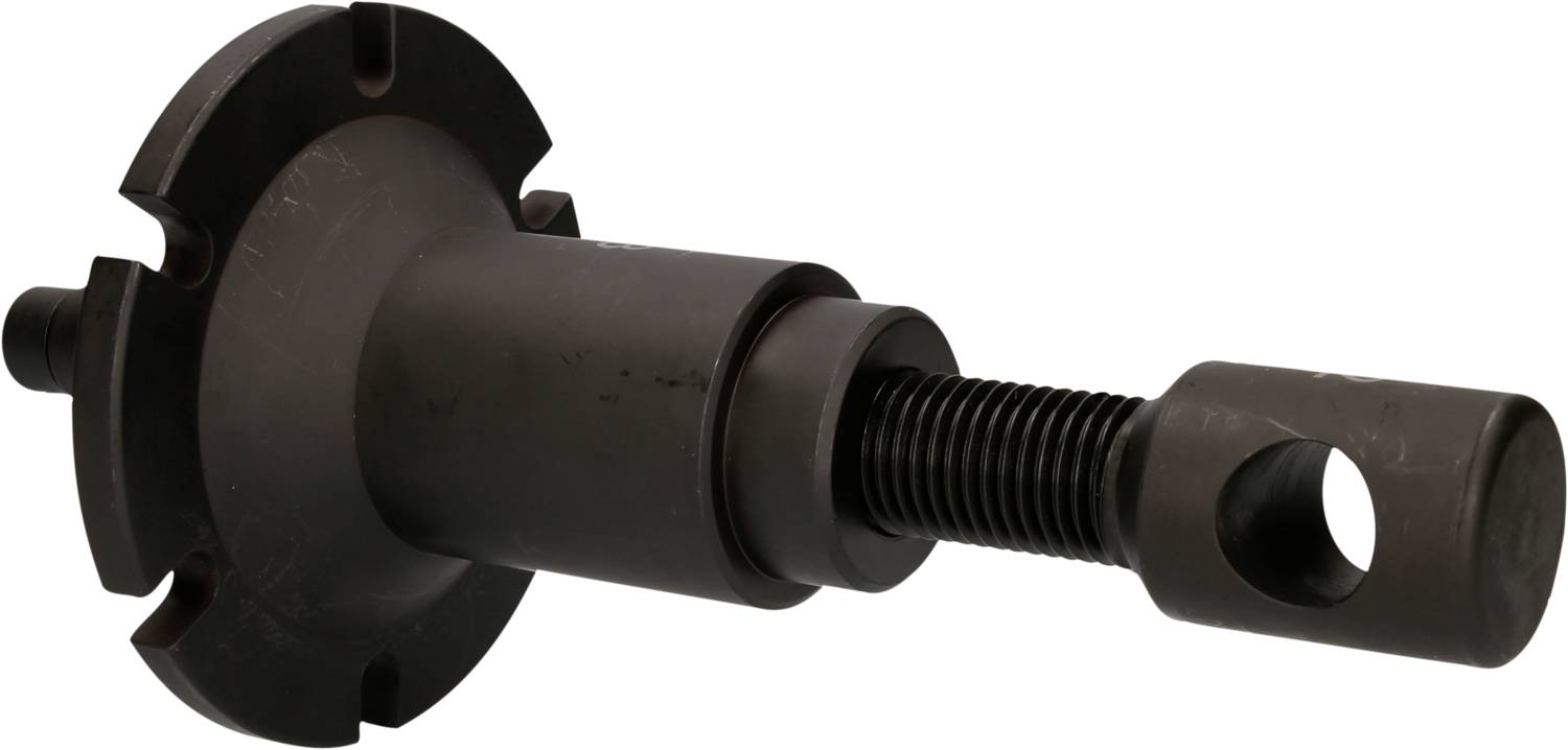 Black mechanical tool with a screw thread and ring-shaped element, likely used for assembly or disassembly.