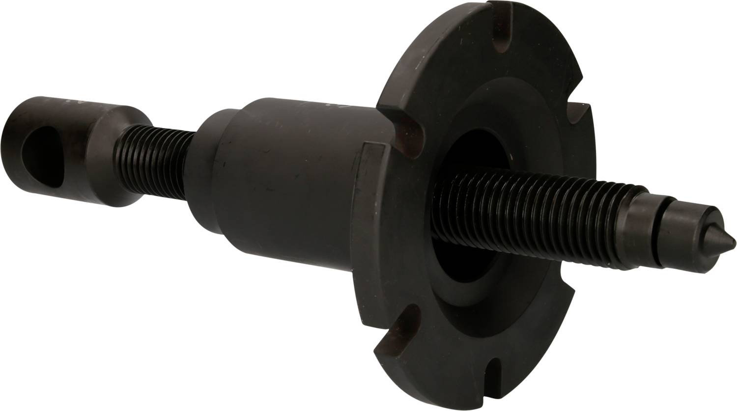 A black metal tool with a threaded shaft and flat head, possibly a puller or tensioning tool, aligned on one side.