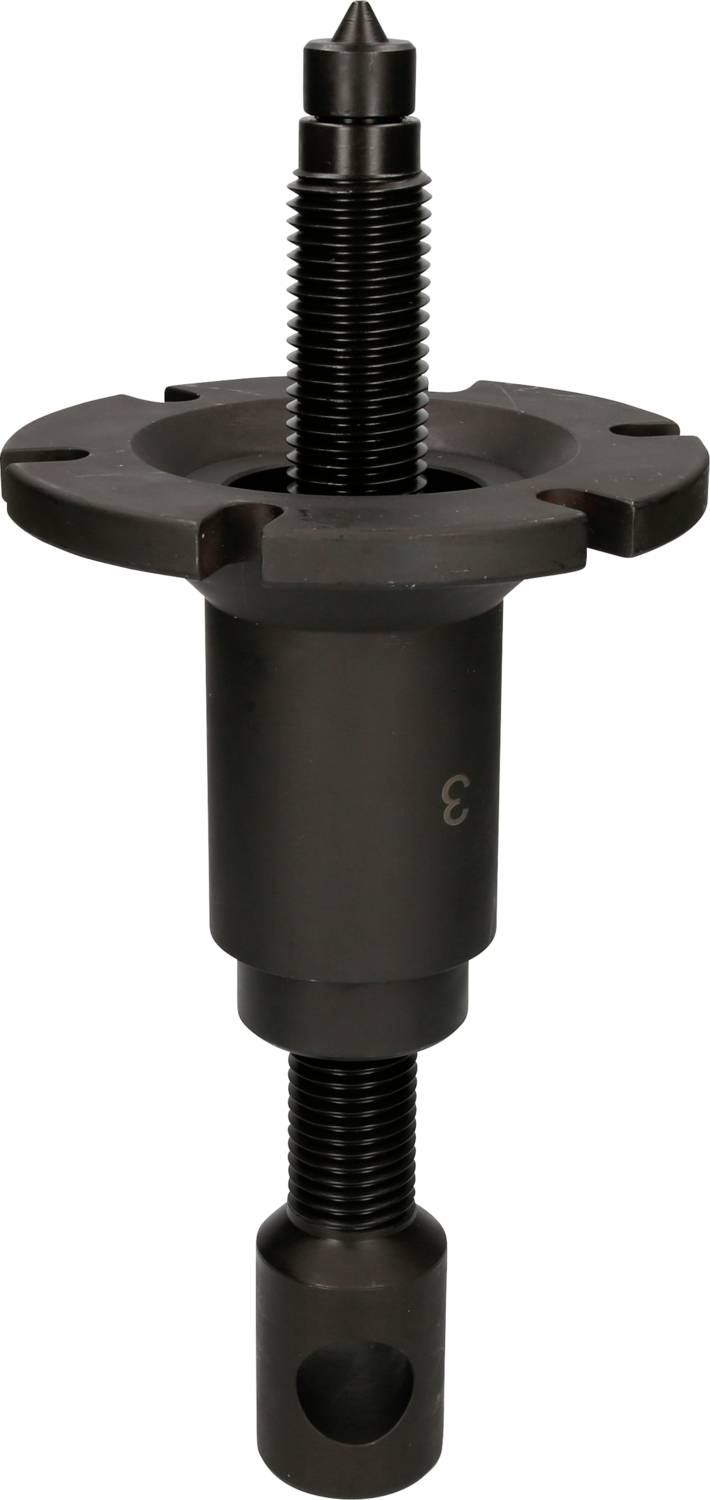Metallic puller with a long screw and wide thread, topped with a tapered point. Tool for removing bearings.