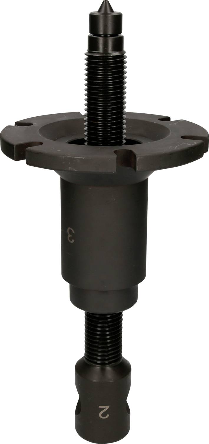 A black metal bolt with threads and a pointed end. It is often used as a tool or machine component.