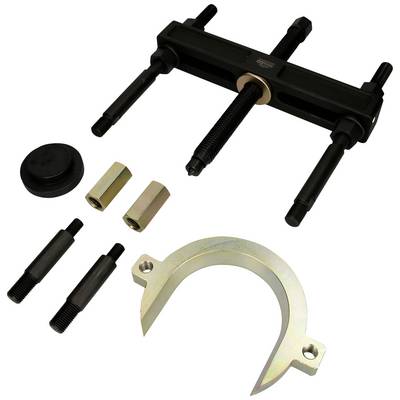 A puller set with multiple components, including two long screws, two short screws, a retaining ring, and two cylinders. For use in automotive repairs.