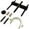 A puller set with multiple components, including two long screws, two short screws, a retaining ring, and two cylinders. For use in automotive repairs.