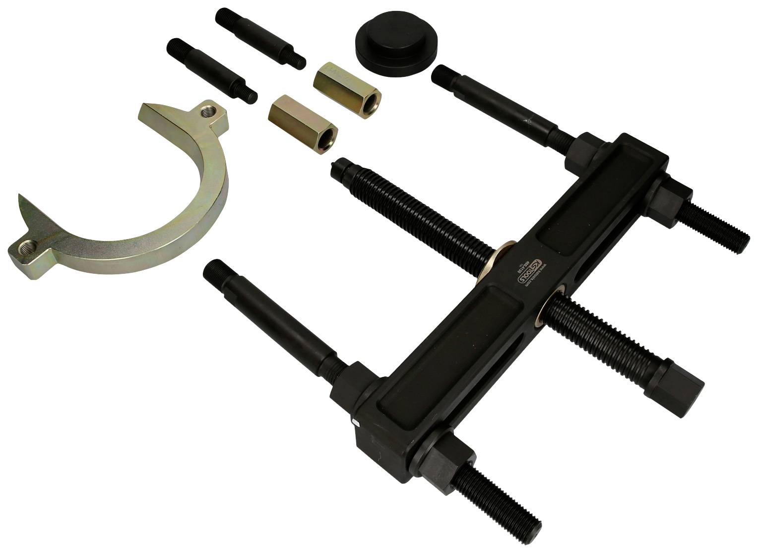 Tool set with puller, screws and nuts for removing bearings and gears.