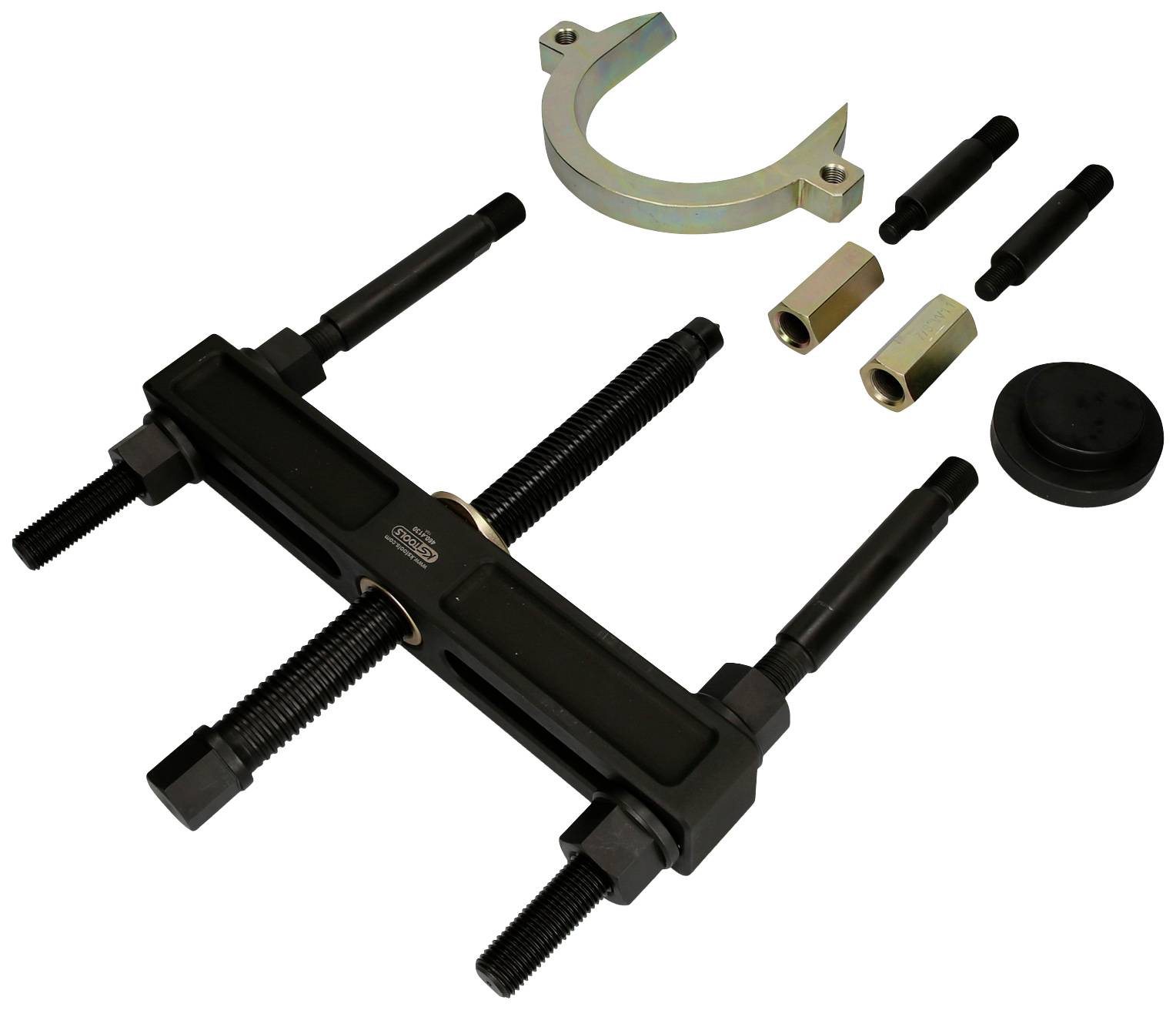 A puller set with various metal components, including hooks, screws and nuts, for assembling or disassembling car parts.