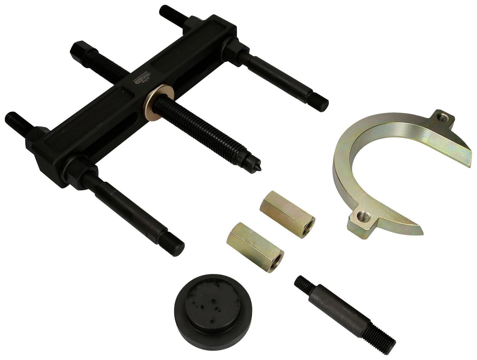 Metal extraction and removal tool set, consisting of various screws and a holding bracket, for assembly and disassembly.