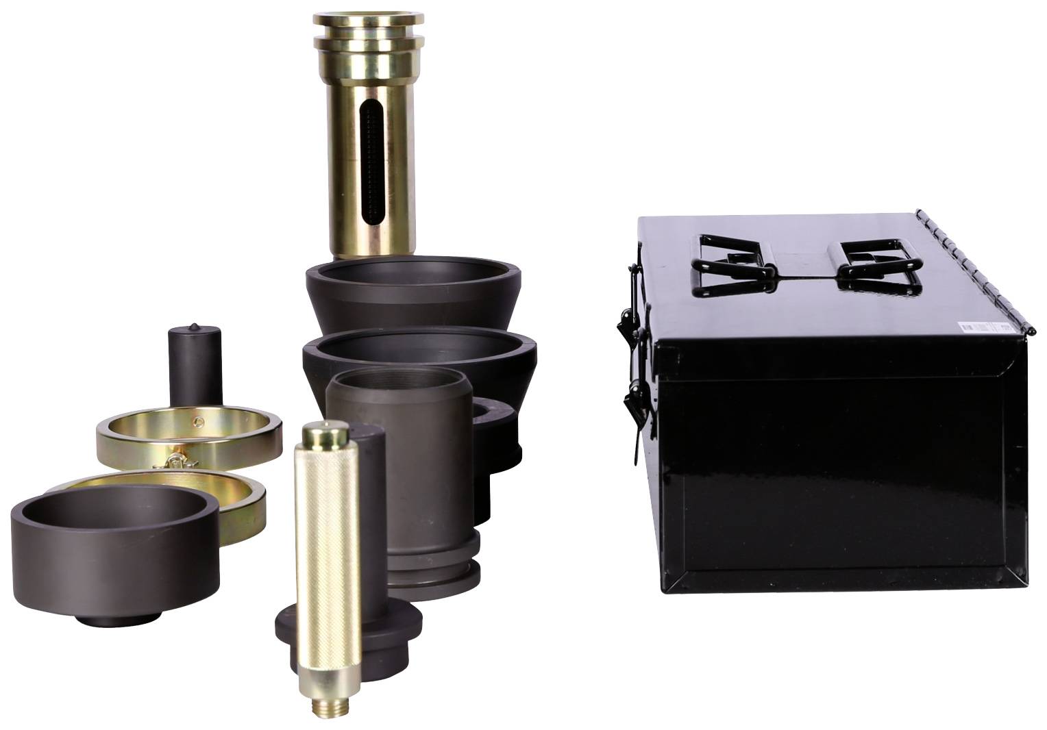 Set of metal tools next to a black metallic storage box. Various shapes and sizes, no text labelling.