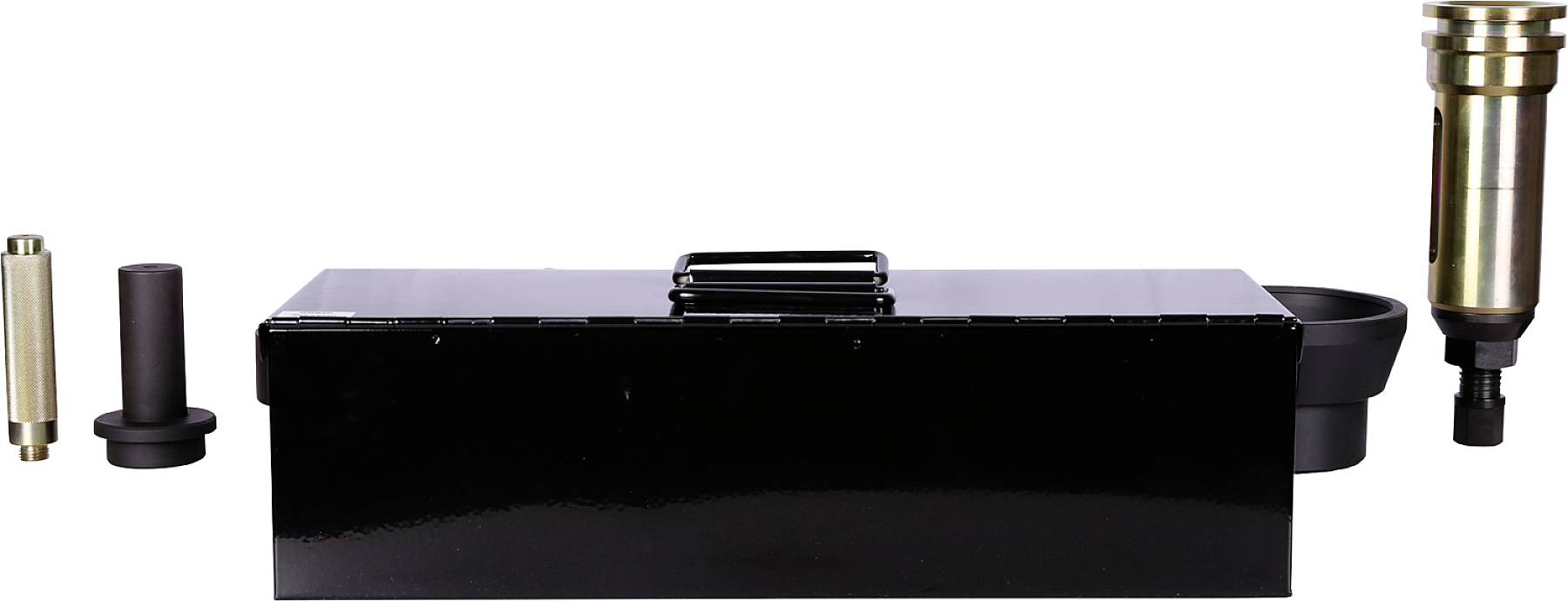 A black toolbox with a handle, surrounded by various metallic and black tool parts on a white background.