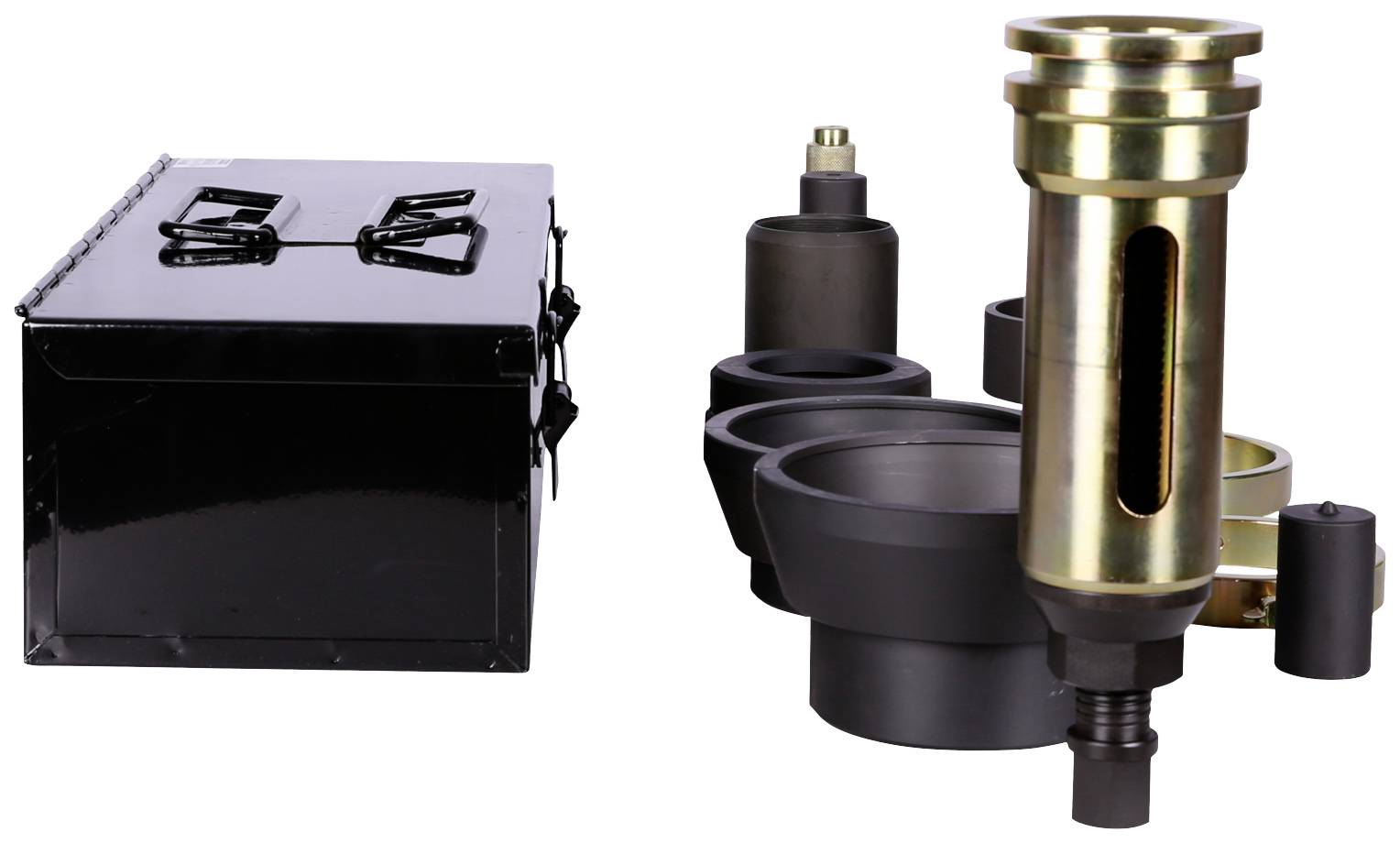 Several metal machine parts, including a cylindrical tool and a rectangular box, on a white background.