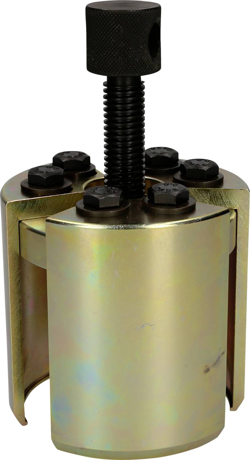 A gold-coloured mechanical tool with screws and a central thread, presumably for gripping or removing cylindrical objects.