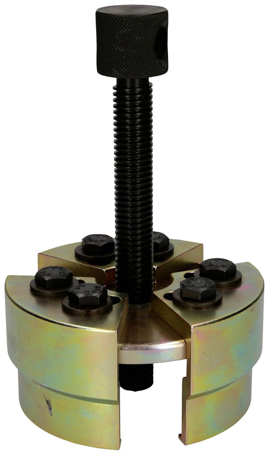A mechanical puller with spindle and multiple jaws that grip around a circular object. Tool for dismantling machine parts.