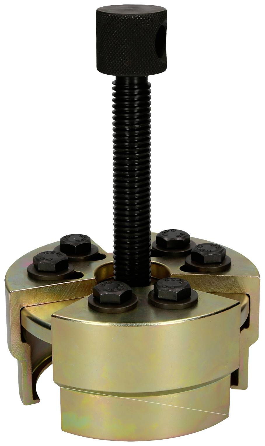 Cylindrical vice with four screws, suitable for holding round objects in a workshop environment.