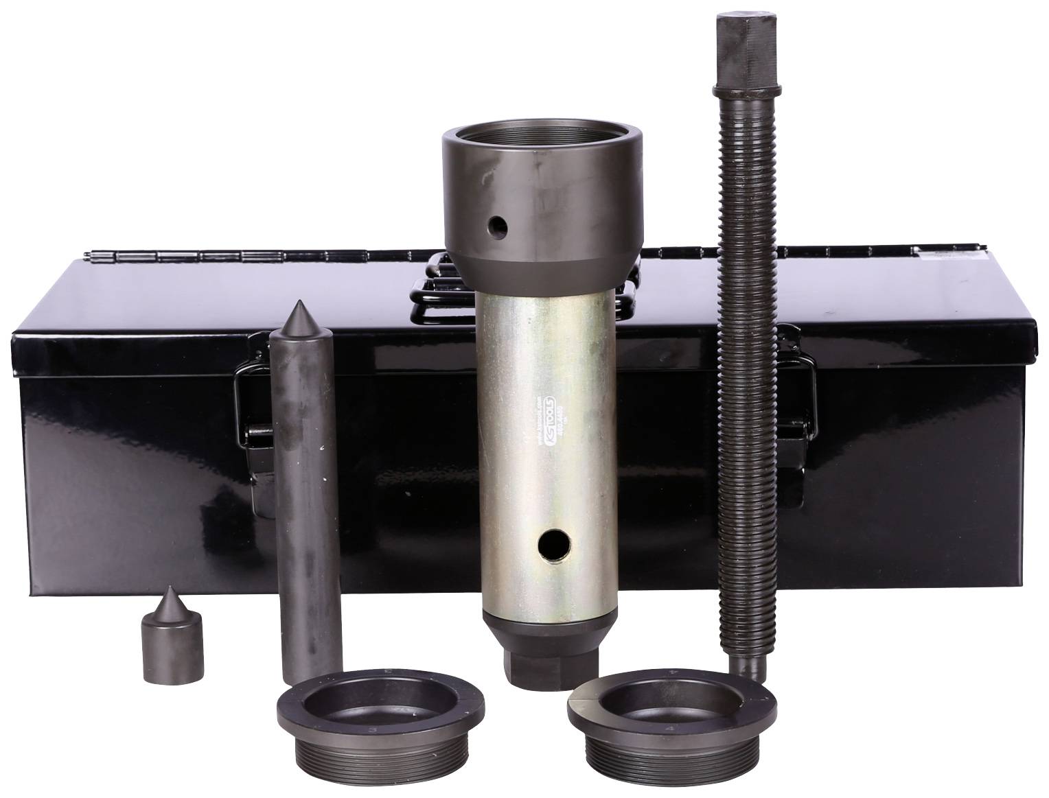 Tool set consisting of metal parts in front of a black toolbox. Main components are a pipe, sealing rings, and threaded screw.