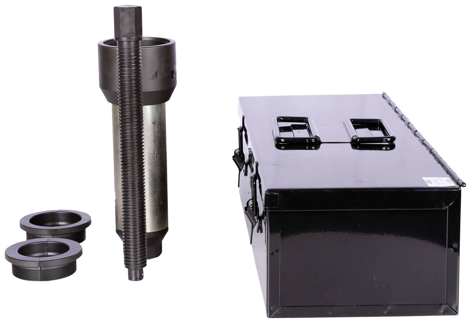 Tool set for cartridge removal with storage box. Includes extraction device and rings for safe handling.