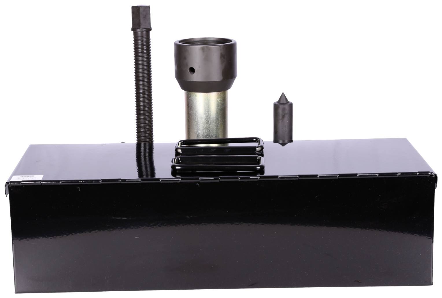 Black metal casing with a cylinder and screw on top, likely a tool or device component.