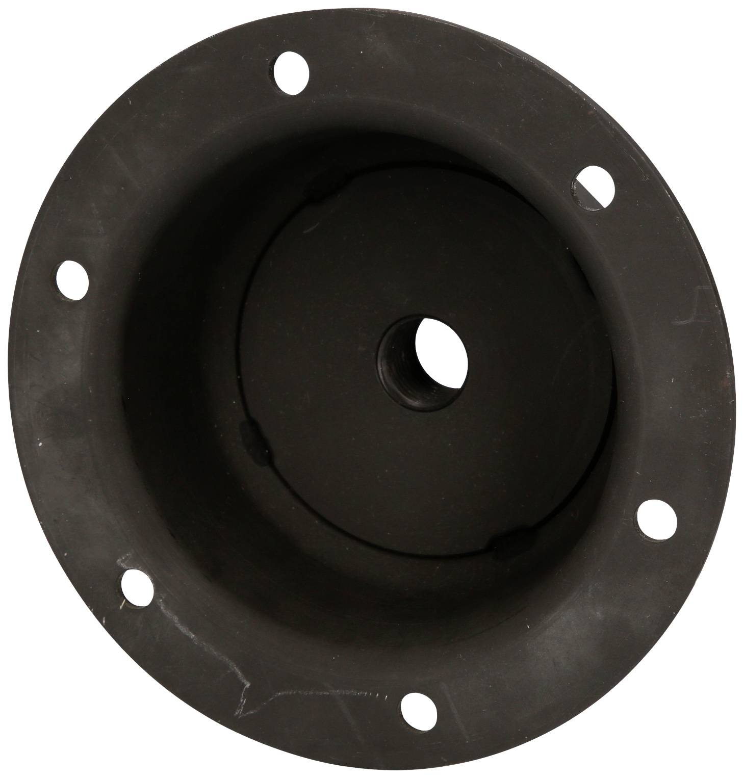 Black rubber membrane with a central hole and multiple fixing holes around the edge, commonly used in machinery or pumps.