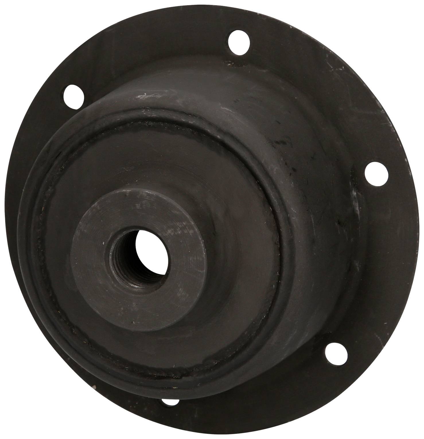 A round, black metal machine component with a central opening and several mounting holes around the edge.