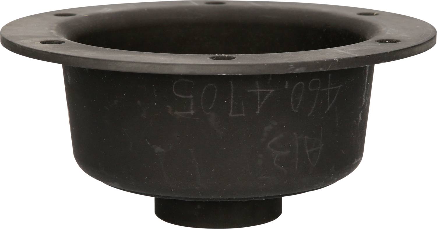 A black plastic component with a flat, round upper edge and a recessed central section, resembling a mounting seal or an inlet.