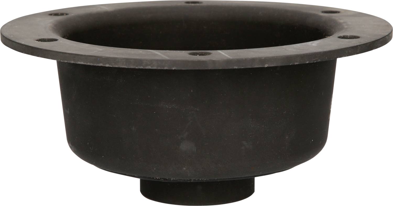 Black, round rubber drain seal with wide rim and central opening. Used for sealing in plumbing installations.