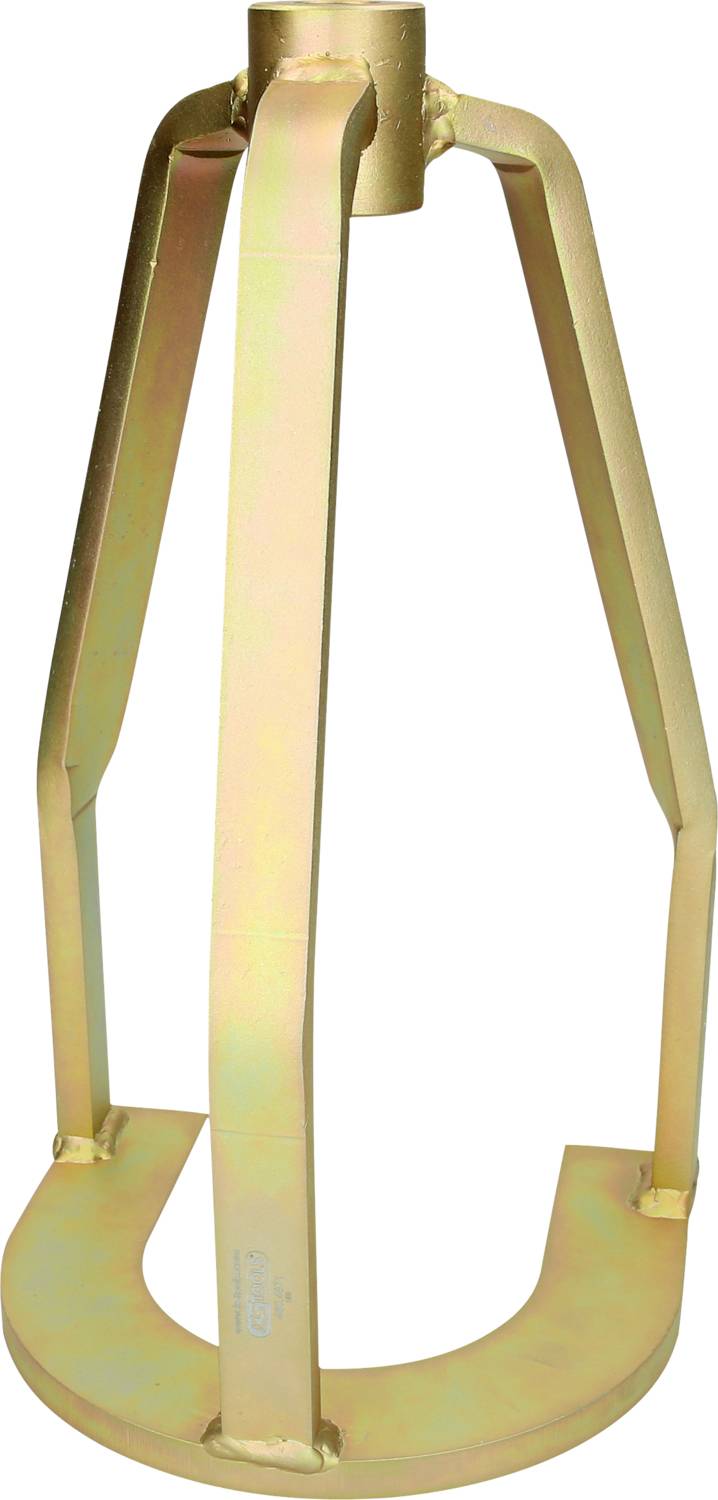 Metallic construction stand, consisting of three sturdy legs and an upper mounting bracket, commonly used in industry.