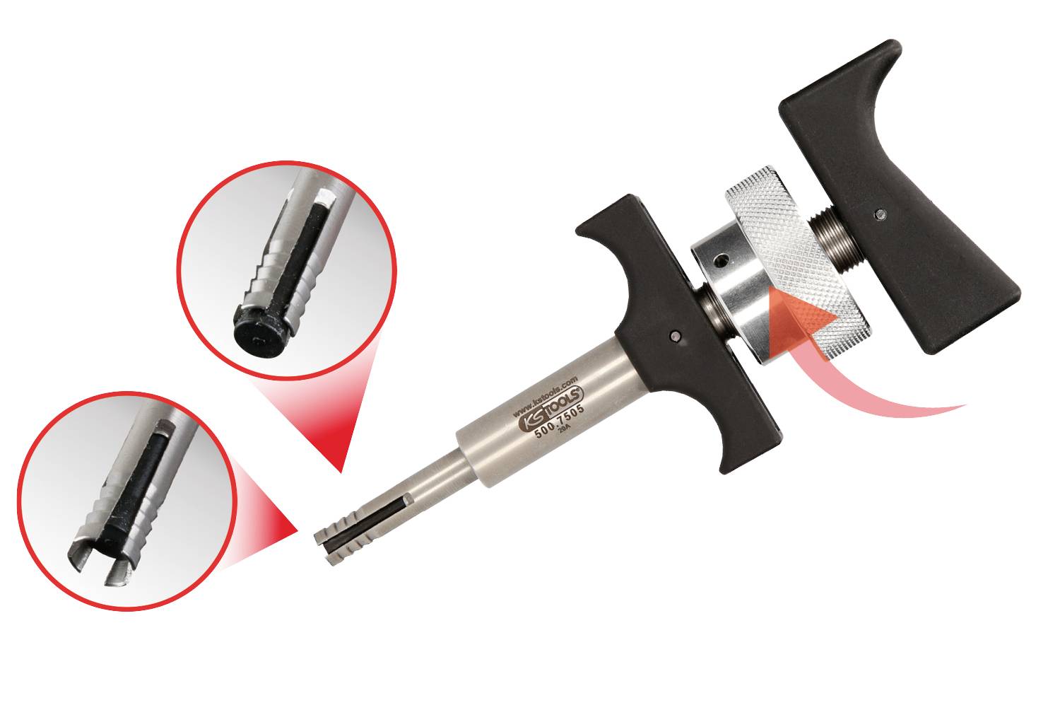 Tool with T-handle and cylindrical shaft. Two enlarged details show specific features of the cylindrical end.