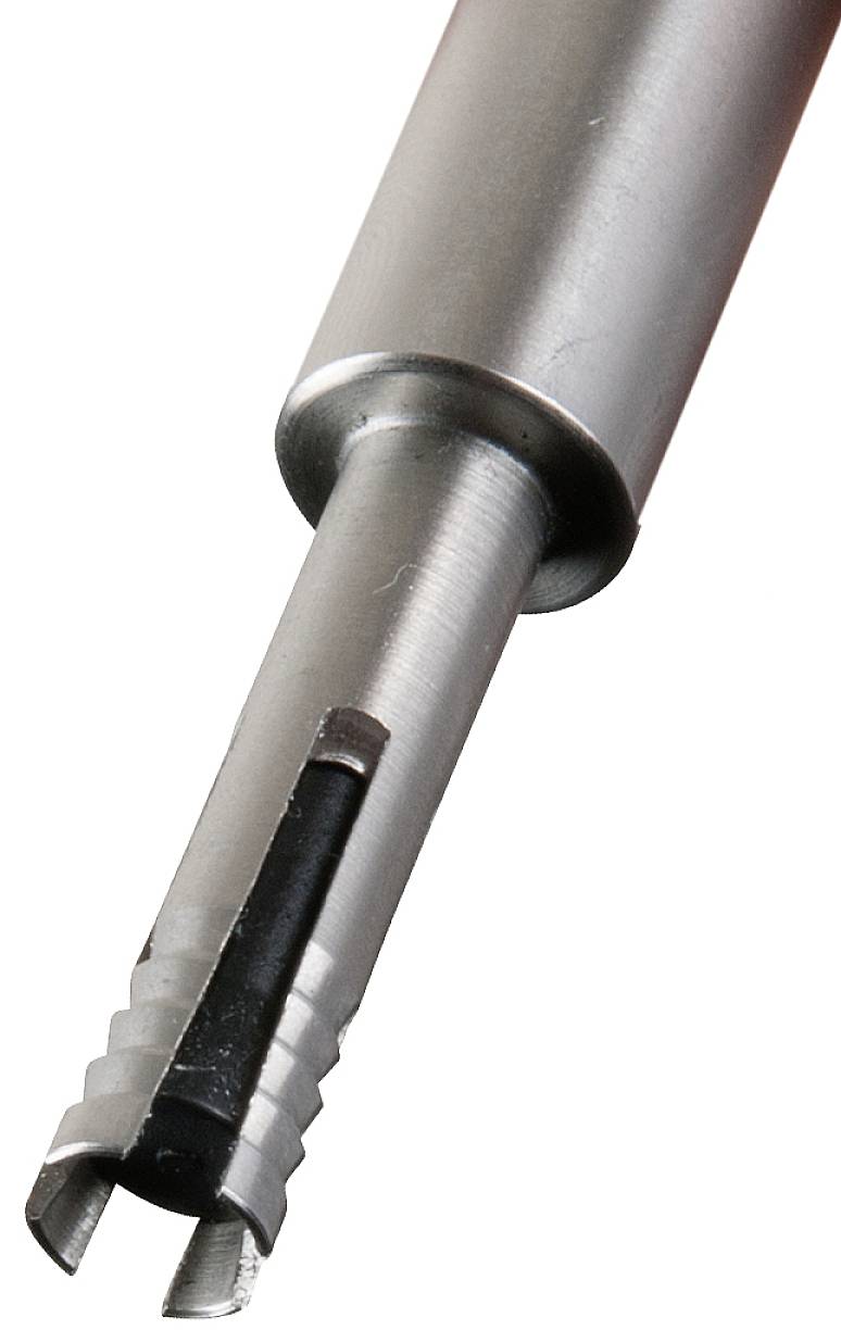 Close-up of a stainless steel drill bit with sharp edges, suitable for precise drilling in metal.