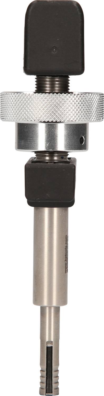 Metal drill bit with black plastic components and knurled handle, suitable for drilling through materials.