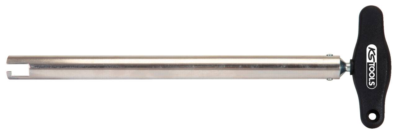 Tool for wheel bearing adjustment with metal rod and black handle.