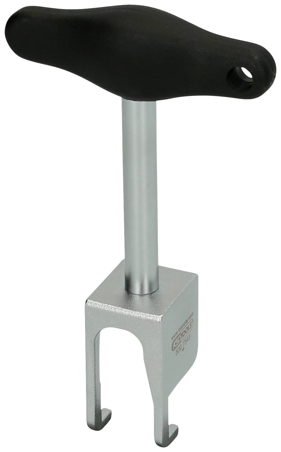 A silver bicycle tool with a T-shaped handle and fork end for removing screw-on cassettes.