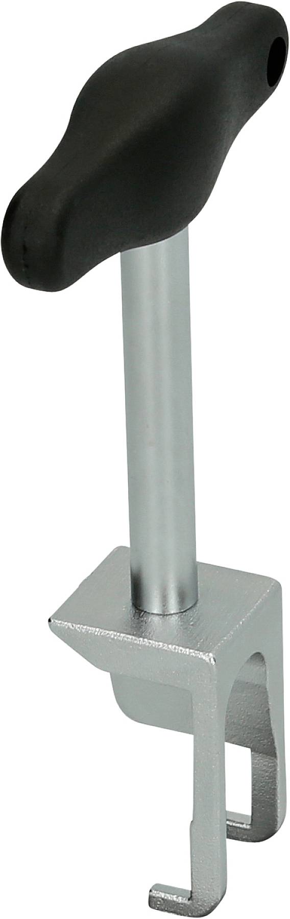 A metal tool with a black, T-shaped handle and a hook at the lower end, likely used for repairs or assemblies.