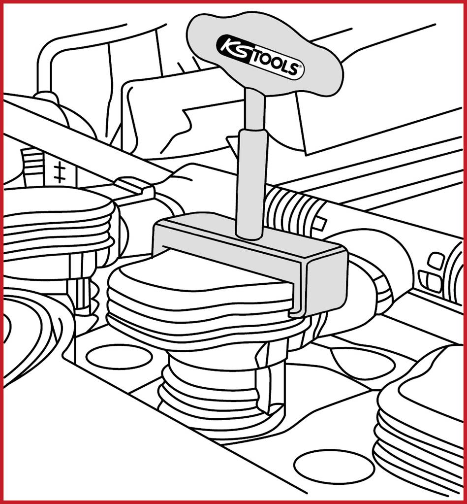 Illustration of an engine with a piston ring tool from KS Tools, which is inserted into the piston rings.