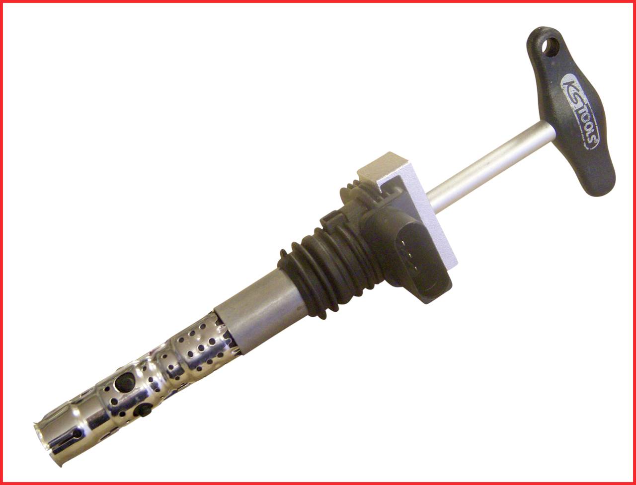 A metal tool injector extractor with a long handle and multiple components, designed for removing fuel injectors in vehicles.