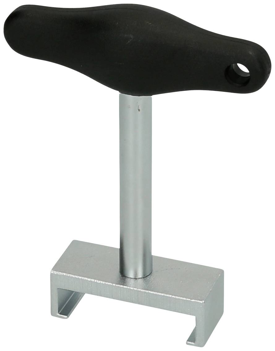 Metallner T-handle wrench, standing upright, used for adjusting or removing components in machines or devices.