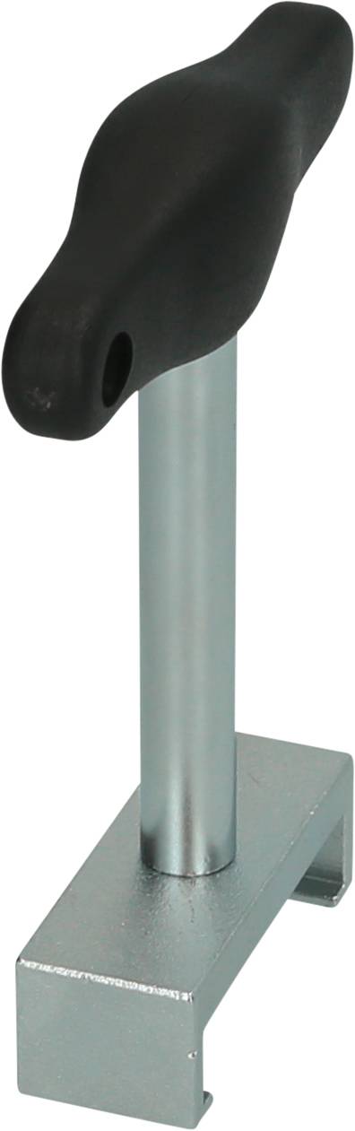 A metallic holder with a T-shaped handle made of black plastic, symbolising verticality and functionality.
