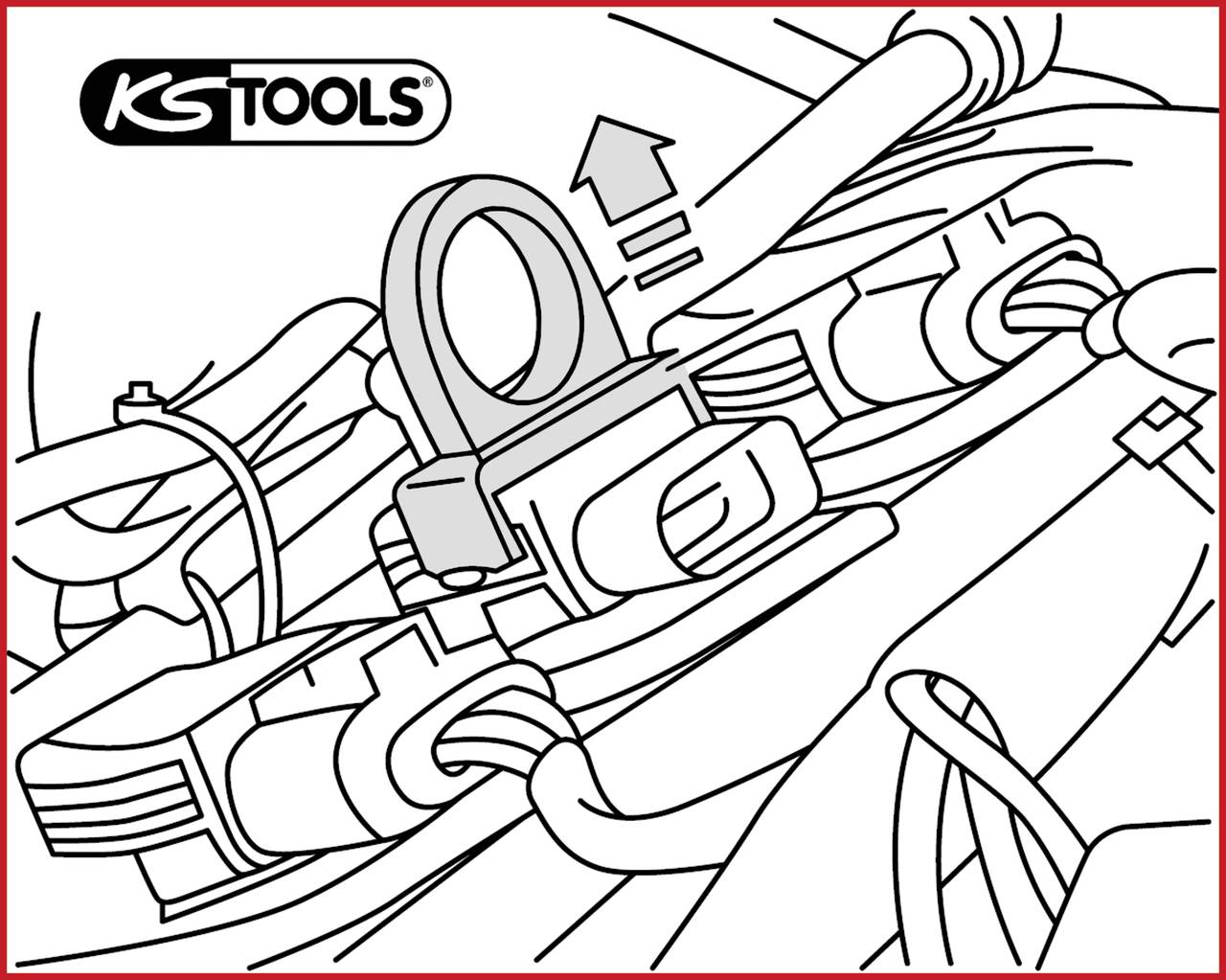 Diagram of a tool in a complex machine part, showing assembly direction with an arrow. Brand logo in top left corner.