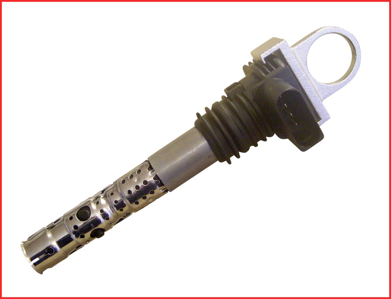 Ignition coil with a shiny metal casing and plastic components, used in vehicles to generate the ignition voltage for the engine.