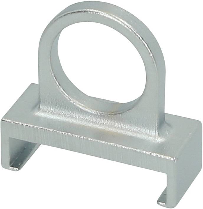 Metal fixing bracket with an oval ring, commonly used in machinery or construction projects.