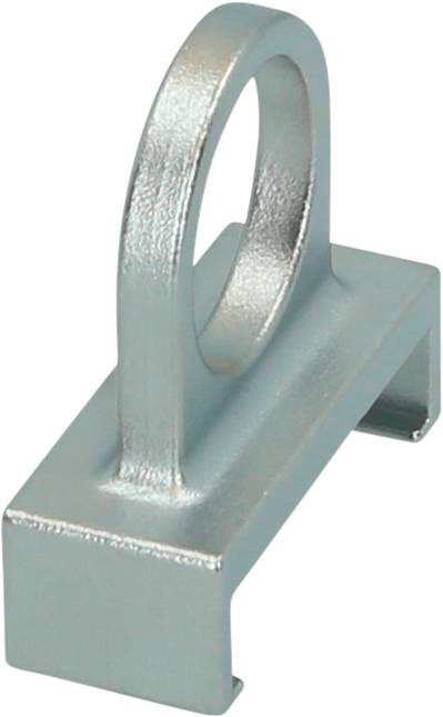 Metal shelf support bracket with hooks for tubular structures, silver-coloured and glossy, enables stable mounting of shelving surfaces.
