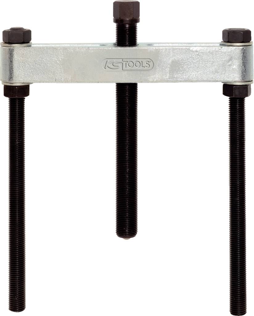 Metallic puller with four long screws and a transverse metal bar. Used for removing bearings or gears.