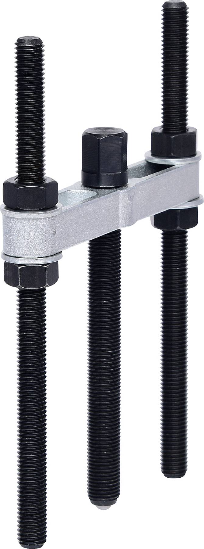 A puller with a silver bridge and three black threaded screws, used for removing or mounting parts.