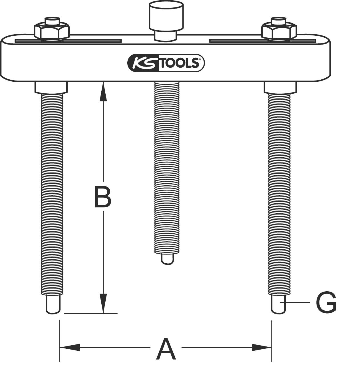 'KS Tools' Puller Drawing: Three long bolts with crossbar and logo; marked dimensions A and B; suitable for removing fixed parts.