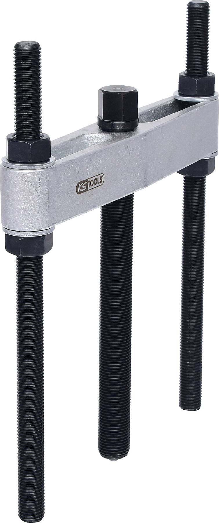 Metallic puller with three screws and an upper cross bar, used for removing bearings or wheel hubs. Marked with 'KS Tools'.