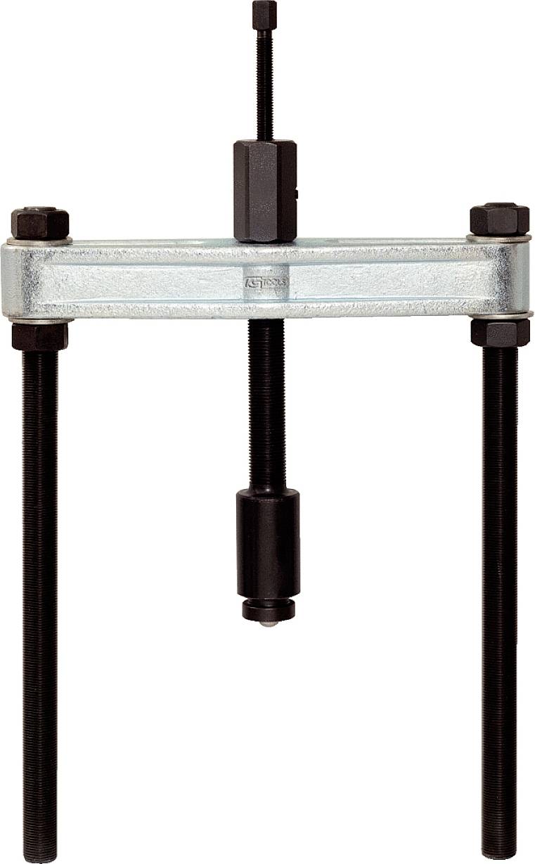 Metal puller with two long screws and a central clamping mechanism for secure removal of mechanical parts.