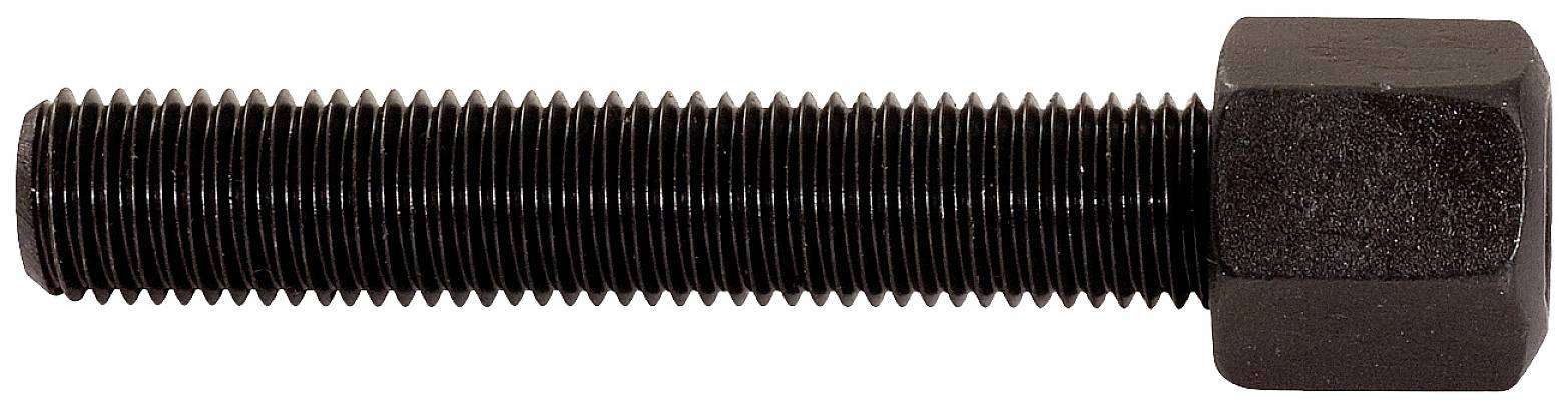 A black hexagonal set screw with continuous threads, positioned horizontally, against a white background.