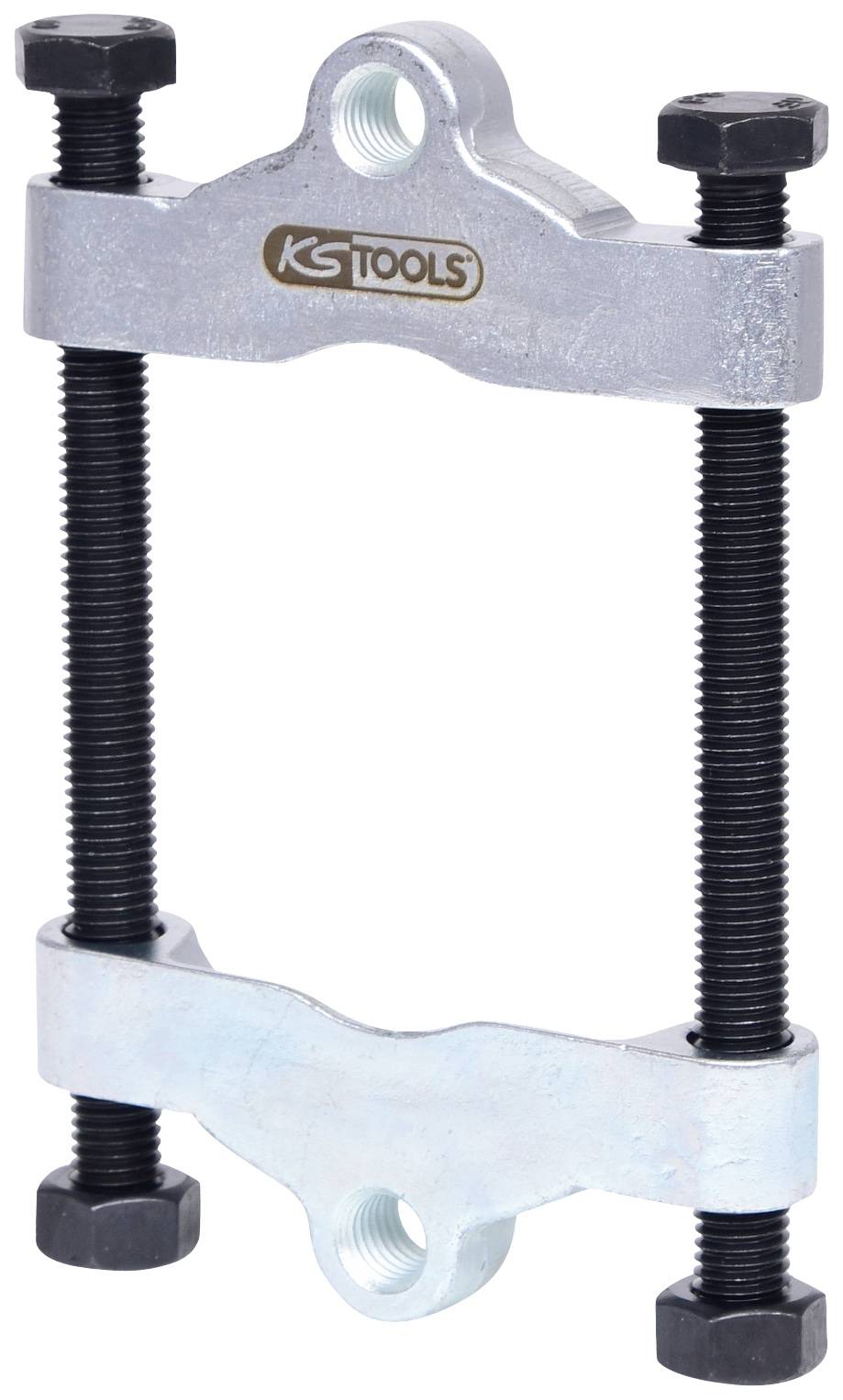 A metal device with two long bolts and a frame used for securing or lifting objects.