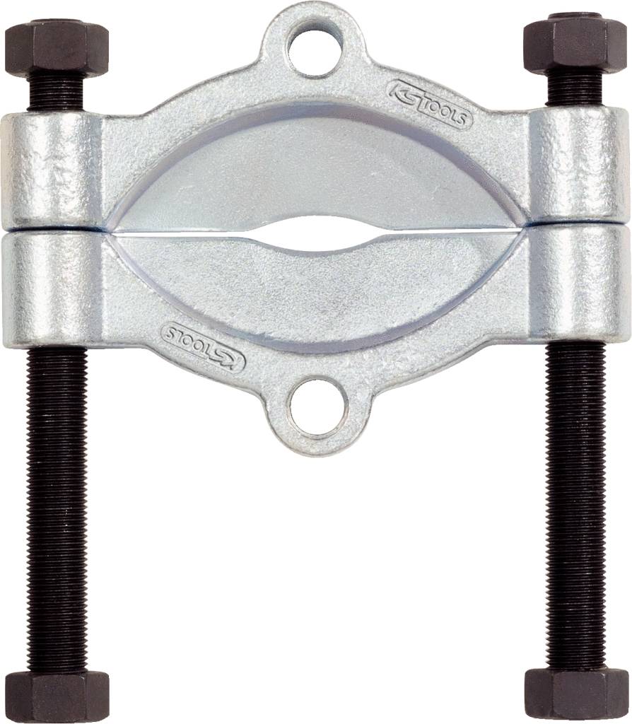 Two screwed metal clamps with black threading, connected by two long bolts.