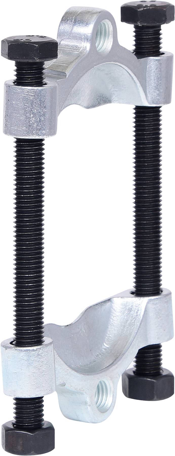 A metal bolt holder with two black screws for fastening. Used to fix pipes or rods.