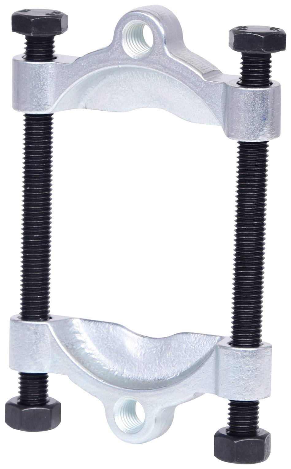 Metal bearing puller with two threaded screws and central mounting opening, used for the safe removal of bearings.