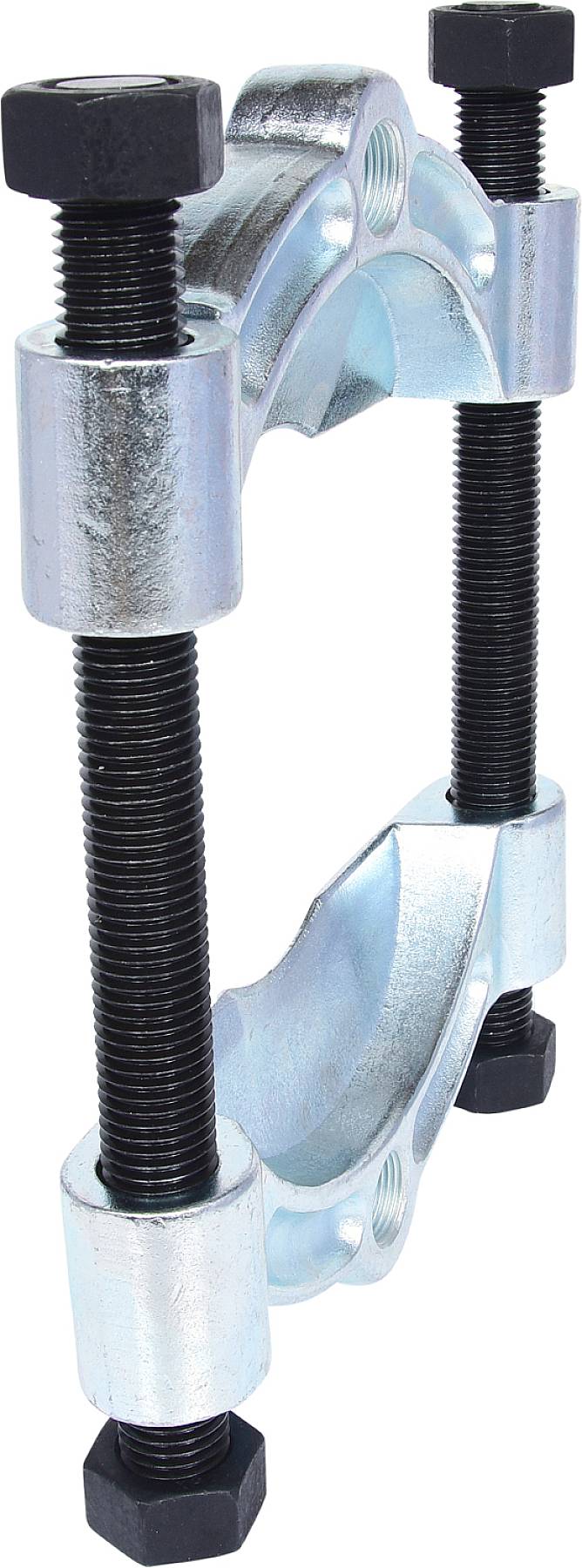Two-bolt metal puller with hooks for dismantling seized parts in machinery or vehicle components.